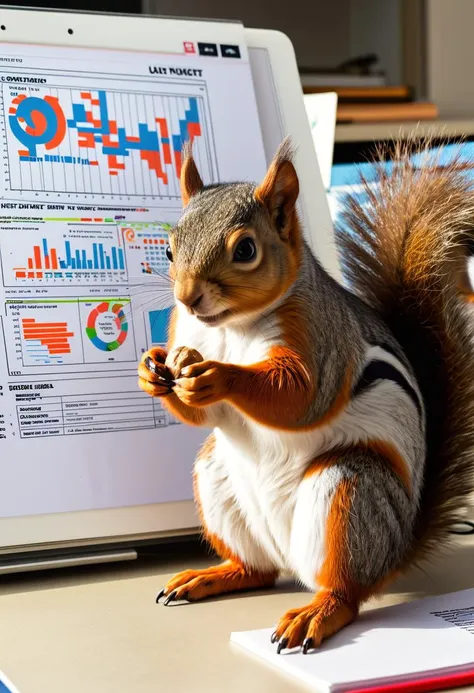 there is a squirrel sitting on a desk with a laptop