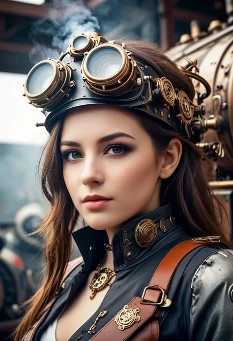 a close up of a woman wearing a steam - powered hat and leather jacket