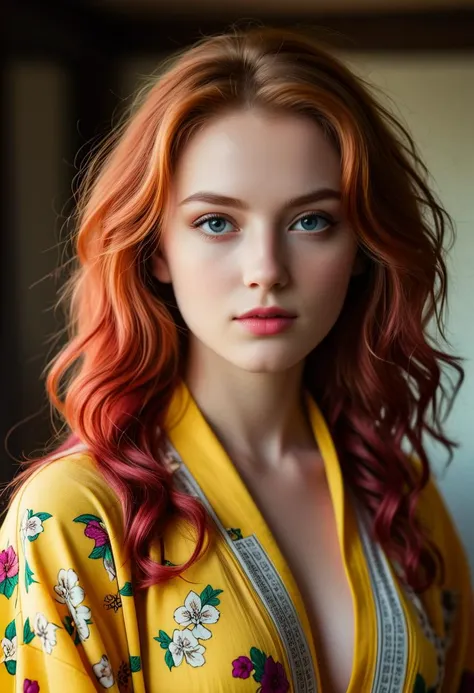 a close up of a woman with red hair wearing a yellow robe