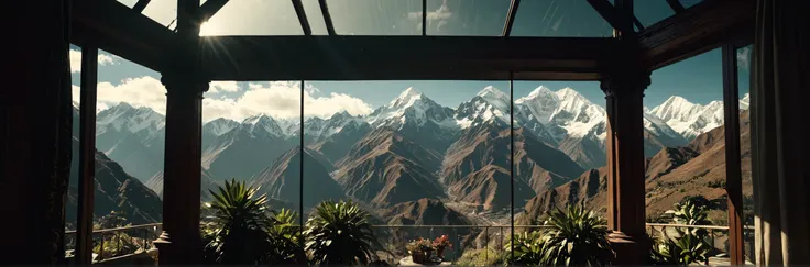 key visual, The Andes Mountains from inside of a Conservatory, very Homey and Artistic, opulent, Lens Flare, Grim, anaglyph effect, <lora:Dark realism:1> dark realism