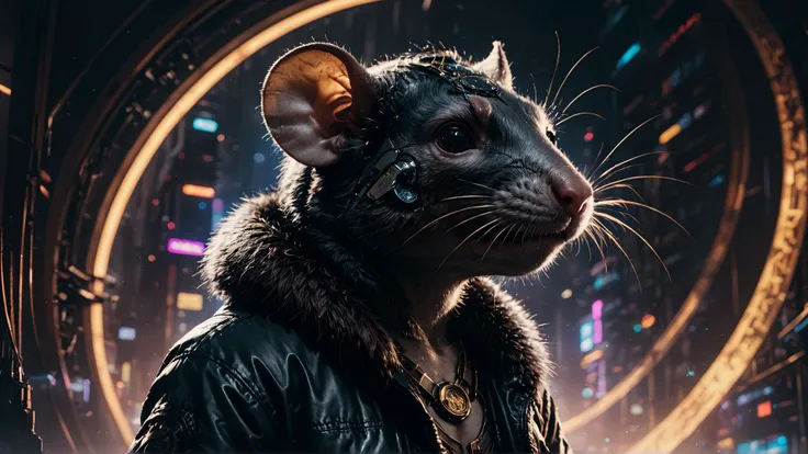 a close up of a rat in a leather jacket with a city in the background