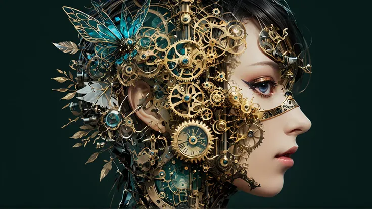 a close up of a woman with a clockwork headpiece on