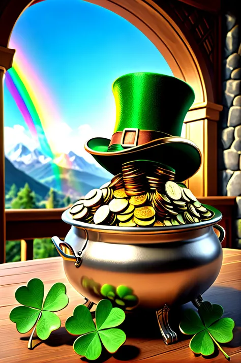 a  Green leprechauns top hat highly detailed, on a lot of gold coin, a cauldron full of gold coin, big pot full of gold, a stack of coin, four leaf clover, mountains and a rainbow in the background, vibrant masterpiece, by AiLove, bright, clear, highly sha...