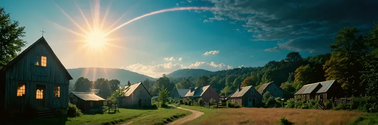 exquisite photograph, Black lighting, Fujichrome Provia 100F, Cinematic, Samsung Galaxy, Sky Blue and Peach in front of a mysterious village in the style of a mix between Oil Pastel painting  , hard lighting and sunbeam sharp focus and vibrant colors and S...