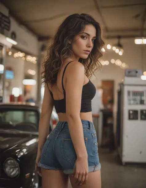 a woman in a black top and blue shorts standing next to a car