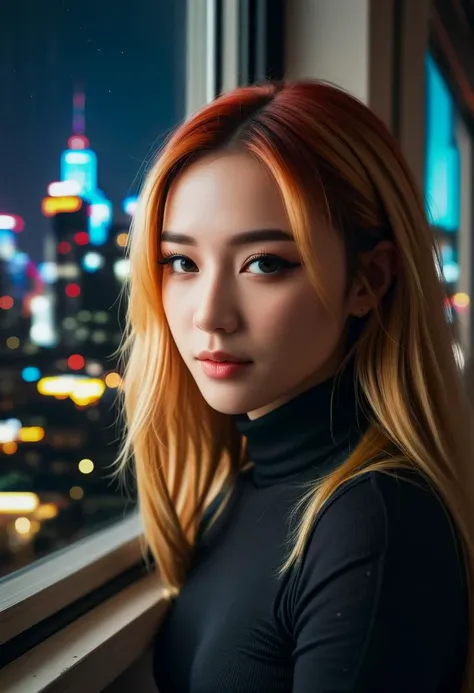 (macro) glamour shot of a beautiful asian young woman wearing a turtleneck bending forward to the viewer in front of a (window:1.3) overlooking (cyberpunk city) at night, bokeh, neon, cyberpunk, dark, low light, low key, multicolored hair, hair highlights,...