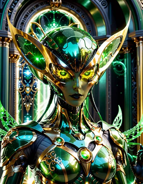 futuristic style horror-themed Wide angle digital illustration, (Insectoid extraterrestrial with green head and yellow eyes:1.3), Balanced composition, Elongated head, Oval eyes, (Curved antennas:1.2), Complex green armor with gold accents, Detailed motifs...