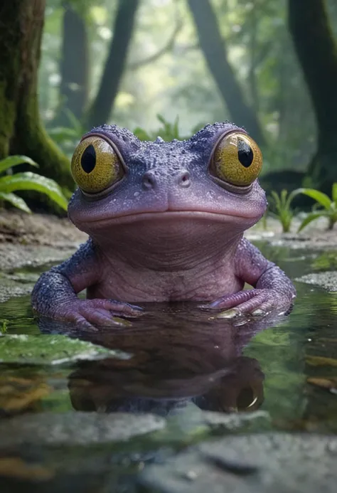 there is a purple frog sitting in a pond of water