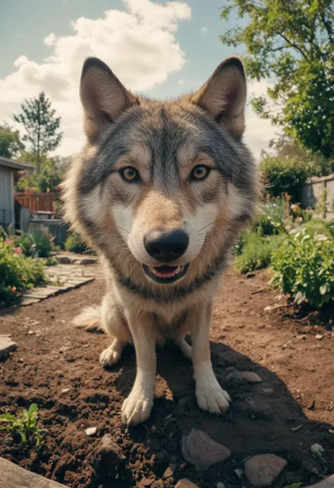 there is a dog that is standing on a rock in the dirt