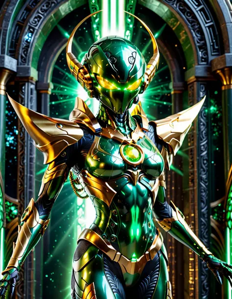 futuristic style horror-themed Wide angle digital illustration, (Insectoid extraterrestrial with green head and yellow eyes:1.3), Balanced composition, Elongated head, Oval eyes, (Curved antennas:1.2), Complex green armor with gold accents, Detailed motifs...