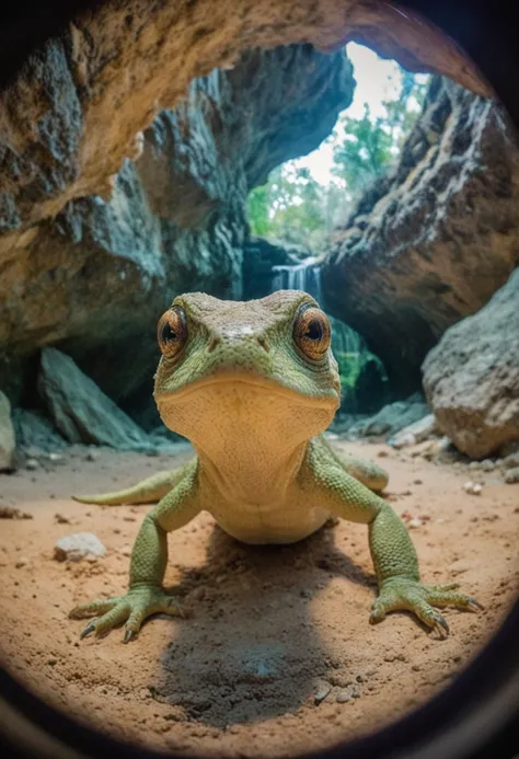 a lizard takes a selfie in enchanted crystal cave, in the style of fisheye effects, funny mood, strong facial expression, wimmelbilder, tilt shift, intricate details, 8k.