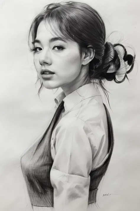 sketch art, line art drawing, line art, black line art, black line, black color, black lines, a line drawing, sketch drawing, 1girl, 20 year,  (upper body:1.3), white background , greyscale, black and whiteï¼paintingï¼monochrome,(sketch:1.4), clear lines...