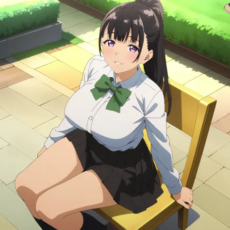 anime girl sitting on a bench in a park with a green bow