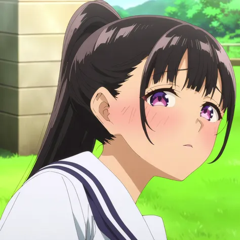 anime girl with ponytail hair and purple eyes staring at something