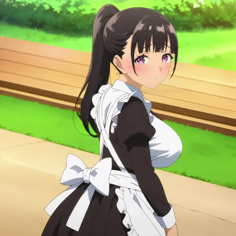 anime girl in maid outfit standing in front of a bench