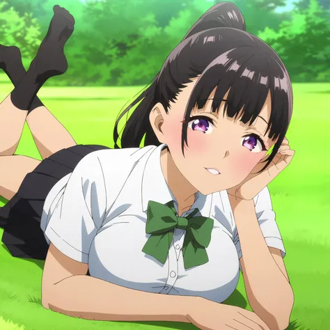 anime girl laying on the grass with her hands on her head