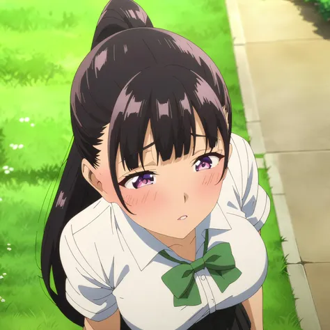 anime girl with long black hair and a green bow in a white shirt