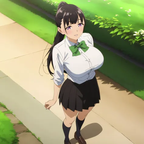 anime girl in a school uniform walking down a sidewalk