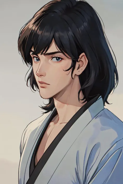 (best quality, masterpiece, RAW photo,ultra-detailed:1.2), 1boy, solo, long hair,  black hair,  looking at viewer, male focus, 
<lyco:Goemon:0.7>goemon,japanese clothes,  facial close-up