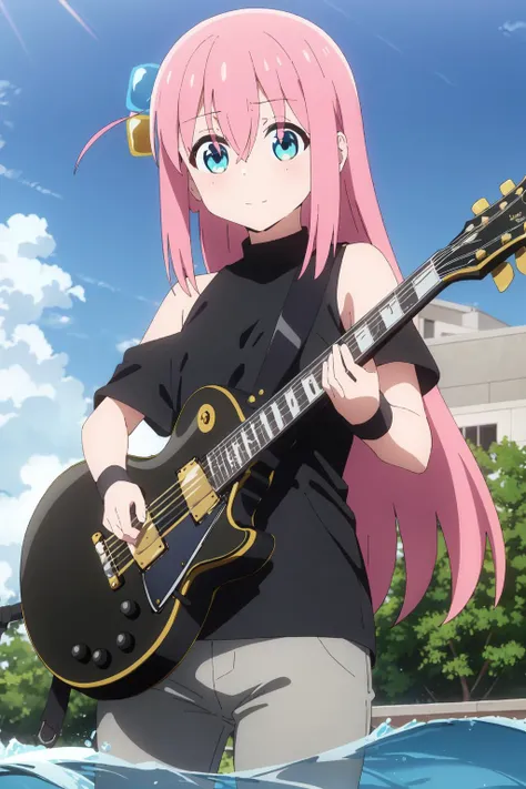 a woman with pink hair holding a guitar in the water