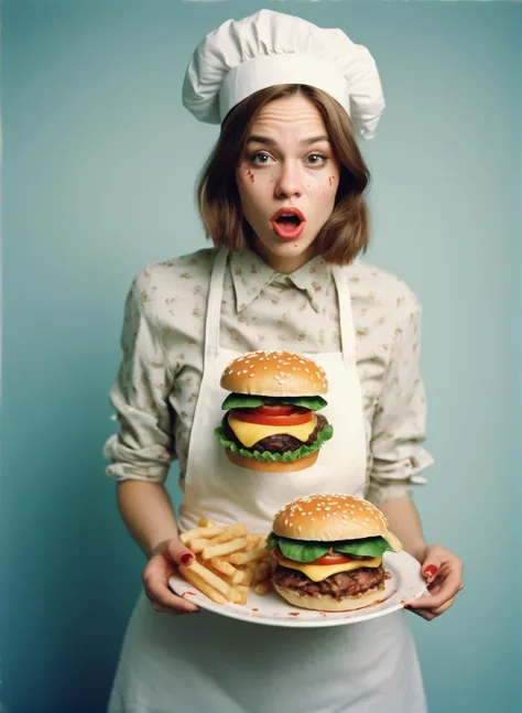 young woman dressed like a foodie, detailed and epic, analog realistic photography