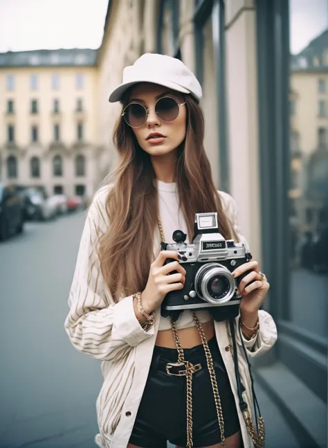 young woman dressed like a fashion-blogger, detailed and epic, analog realistic photography