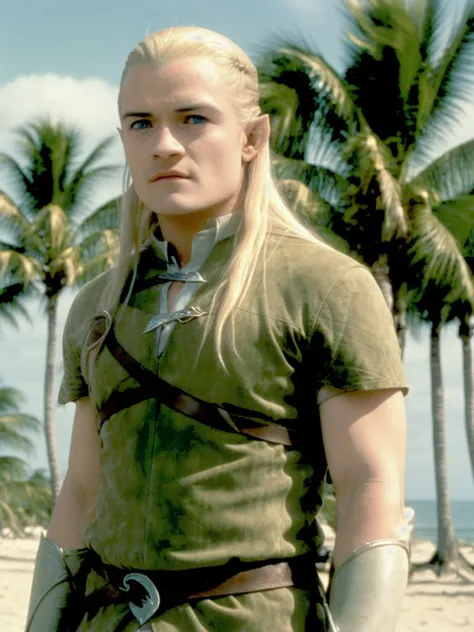 arafed woman in green outfit standing on beach with palm trees