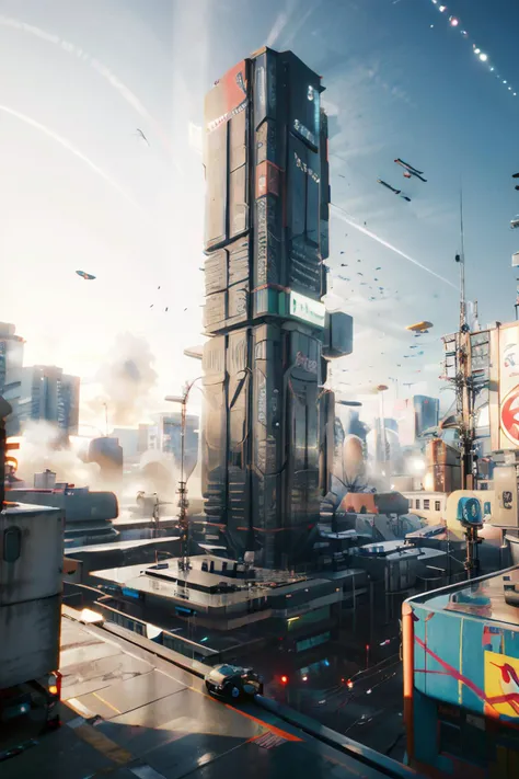 a futuristic building with a large screen and a car in the middle of the building and a lot of lights, Eve Ryder, unreal engine 5 rendered, concept art, retrofuturism, building, city, long_hair, scenery, 2077_Style, <lora:2077_Style:1>