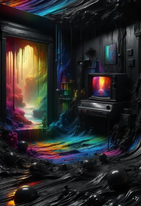 a painting of a room with a piano and a rainbow stream