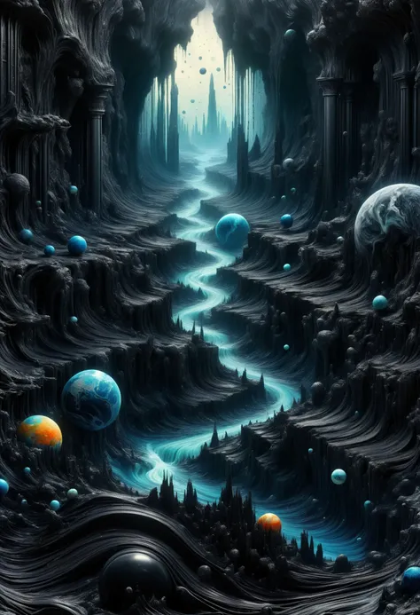 a painting of a dark cave with a river and planets