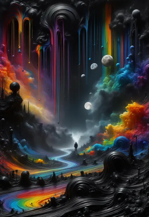 a man standing in a colorful space with a rainbow stream