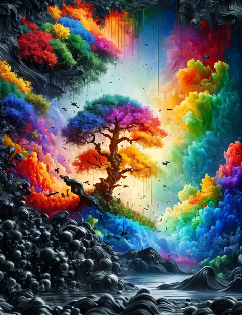 a painting of a rainbow tree in a dark cave