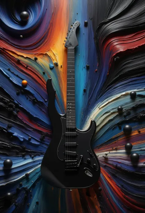 a close up of a guitar with a black body and a colorful background