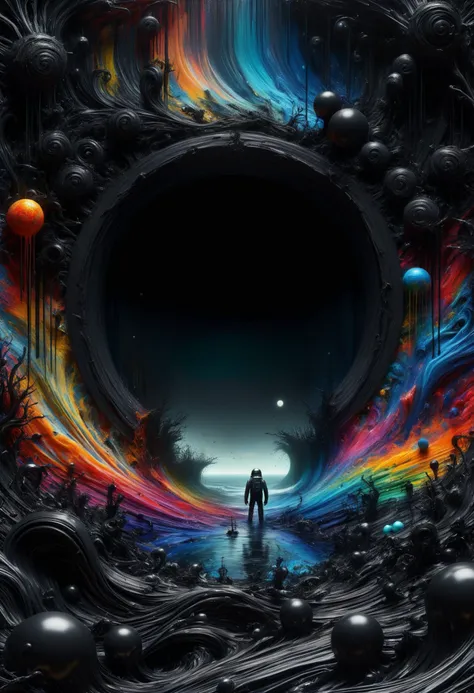 a man standing in front of a colorful tunnel with a sky background