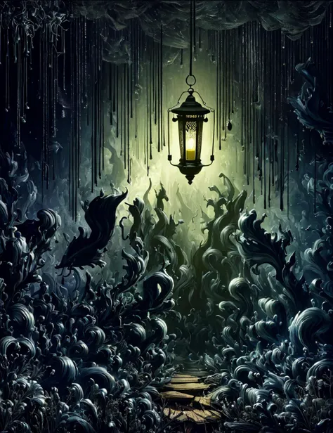 a poster of a dark and creepy scene with a lantern hanging from the ceiling