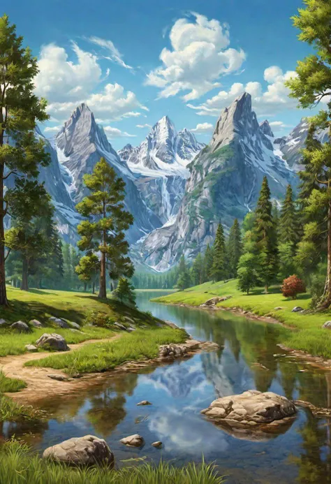 a painting of a mountain scene with a stream and trees