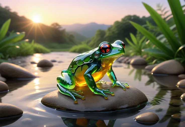 A sleek futuristic glass frog perches gracefully on a smooth river rock in the middle of a small stream, its webbed robot feet dangling just above the tranquil waters, The serene scene is bathed in warm hues as the sun sets in the distance, casting an ethe...