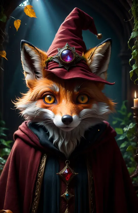 highly detailed portrait of a cunning old fox wizard, in dark woolen wizard robes, wearing a (fez hat:1.3), (fur:1.4), magical, dark underground den office, (shallow depth of field:1.4), foliage, global illumination, radiant light, detailed and intricate e...