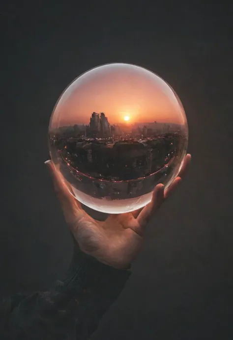 Create a vivid description for a photograph featuring a large neon luminous glass sphere held in an outstretched hand, magnifying the face of the person gazing into it.
very detailed, raw photo, a sunset landscape, cozy, photorealistic, high detailed textu...