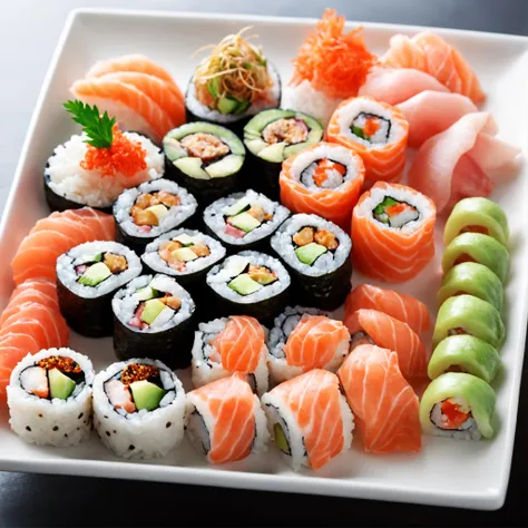 A magazine photograph of an incredible assortment of sliced sushi rolls made by Chef Gordan Ramsey, with smoked salmon & tuna & eel & roe & avocado & octopus & wasabi arranged in the Japanese manner with chop-sticks and a Japanese bottled beer & tall glass...