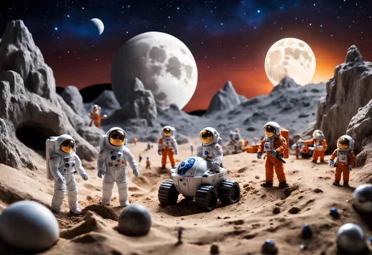 A boys moon exploration fantasy with his miniature astronauts and other space toys arrange in a realistic depiction of the surface of the moon within his backyard sandbox, beautiful, moon landscapes, toy astronauts, rustic sandbox in a backyard, sunset lig...