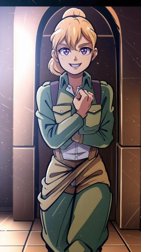 a cartoon picture of a woman in a green jacket and pants