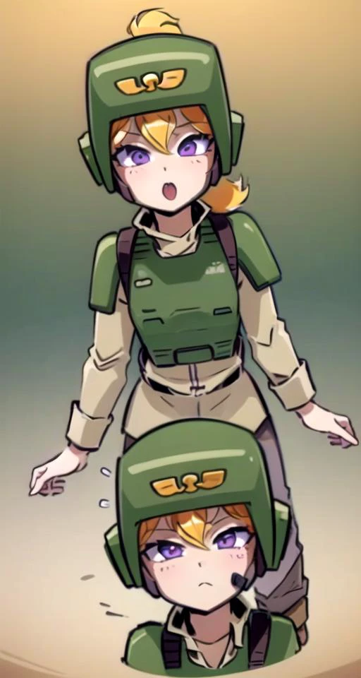 cadiachan blonde hair,ponytail,purple eyes,1girl,  <lora:CadiaChan-10:1>, masterpiece, best quality,, <lora:ATBv1-2:1.3>atb, beige pants, green helmet,beige skirt, Military helmet,military uniform,