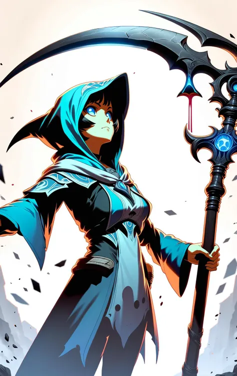 DonMCu73T00nXL female war mage,holding a DonM5cy7h3XL scythe, simple background <lora:DonMCu73T00nXL:0.8> <lora:DonM5cy7h3XL-v1.1-000006:0.7>