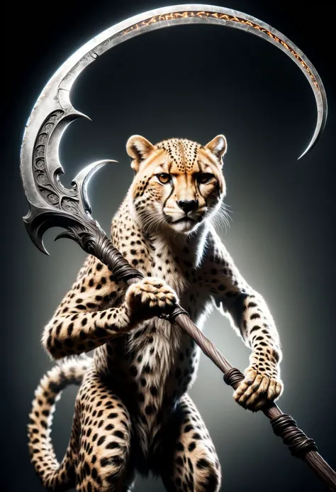 cheetah  holding a DonM5cy7h3XL scythe, single blade  <lora:DonM5cy7h3XL-v1.1-000006:0.8>