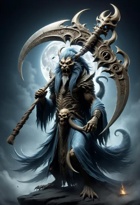 a dark skinned demon with a scythe and a large scythe on his head