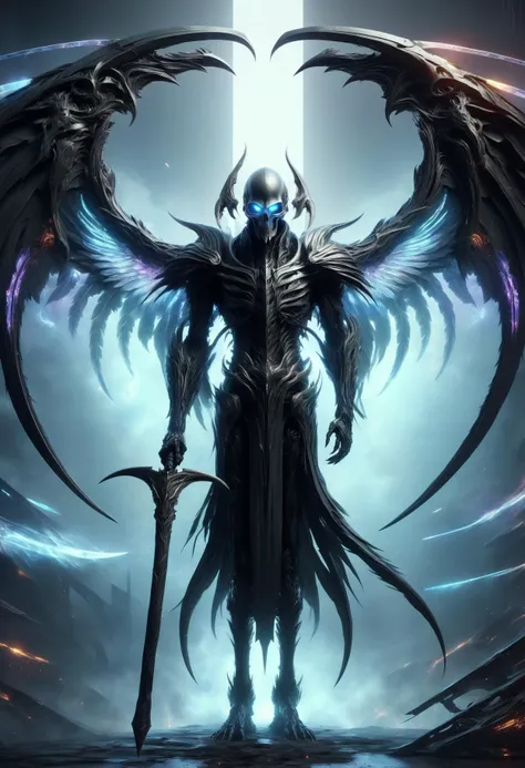 a dark angel with wings and a sword standing in front of a light