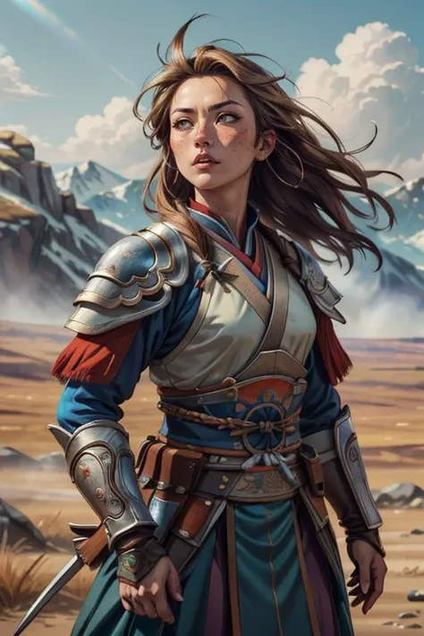 a woman in armor stands in a desert area with mountains in the background