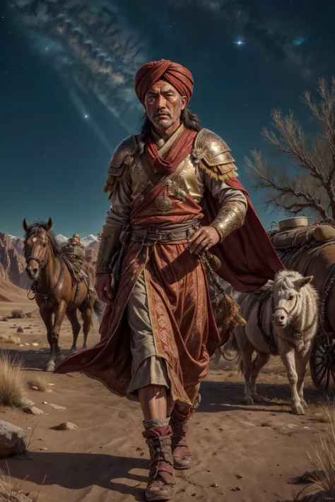 a man in a red turban and a red cape walking with horses