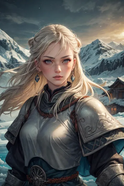 a woman in armor standing in the snow with mountains behind her